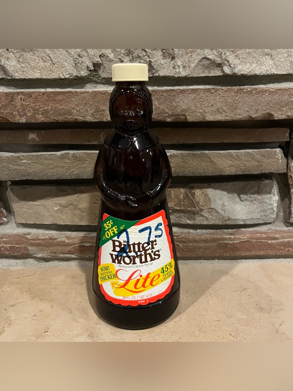 Vintage Mrs. Butterworth's 36 oz Glass Syrup Bottle - Brown & Cream